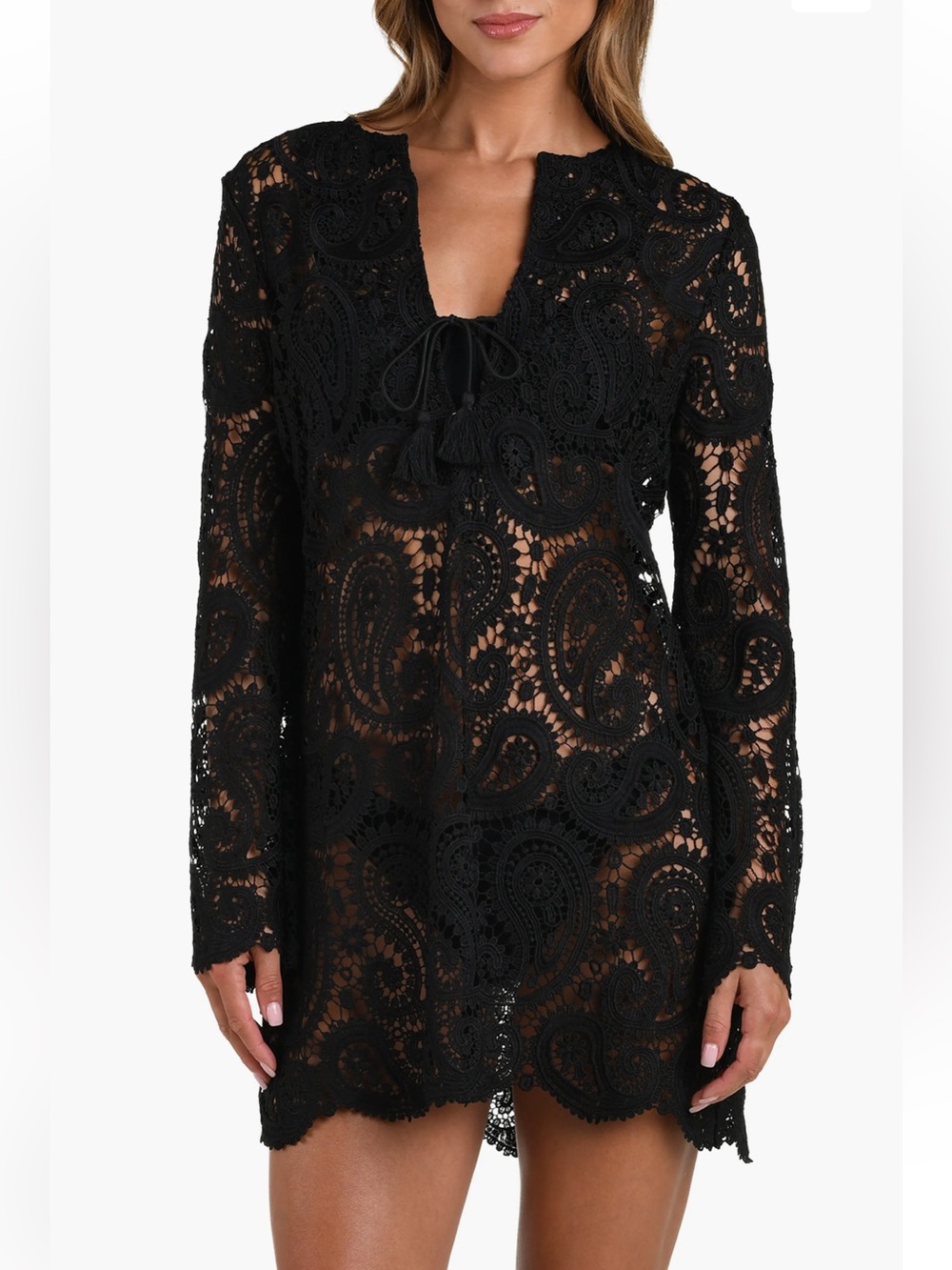 L'AGENCE Black Crochet Paisley Tie-Front Swim Cover-Up L